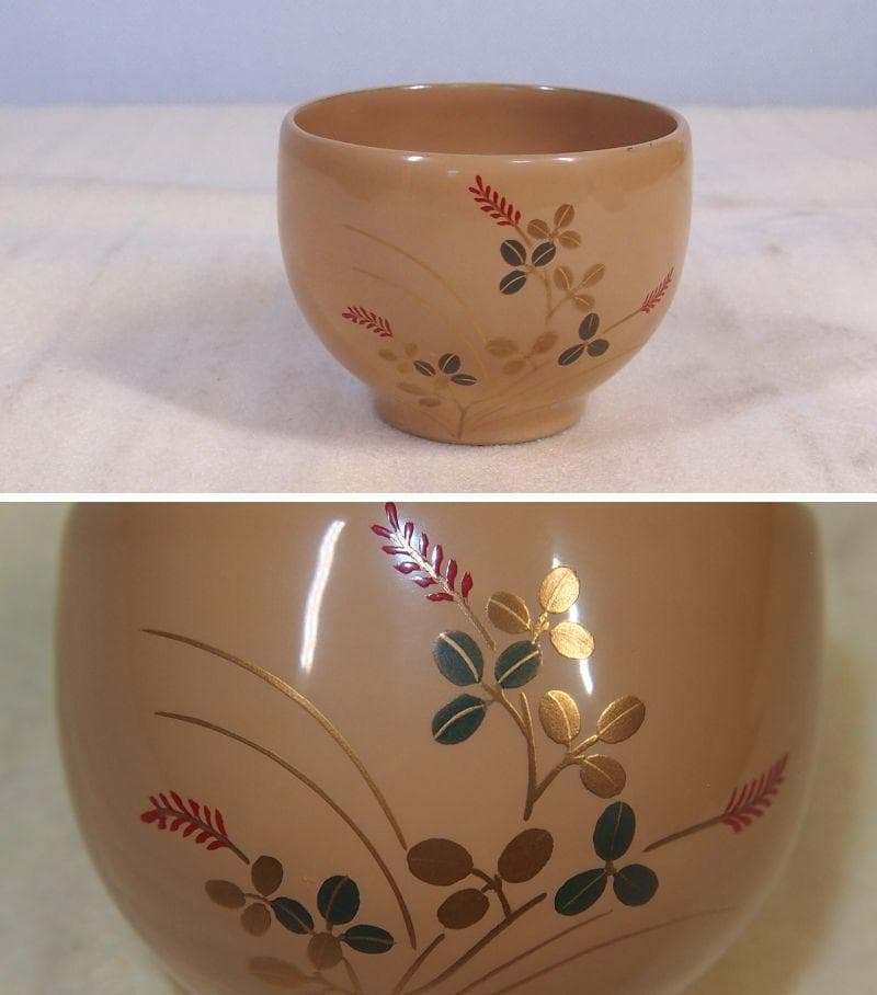 【未使用】輪島塗 塩安製 白漆 絵変わり蒔絵 湯吞 5客 湯吞茶碗 茶器/漆器