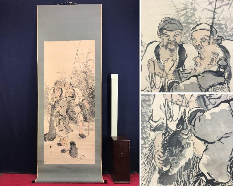 【真作】矢部楳堂/漁夫称賛図/釣人図/人物図/掛軸/名家伝来/AD-725