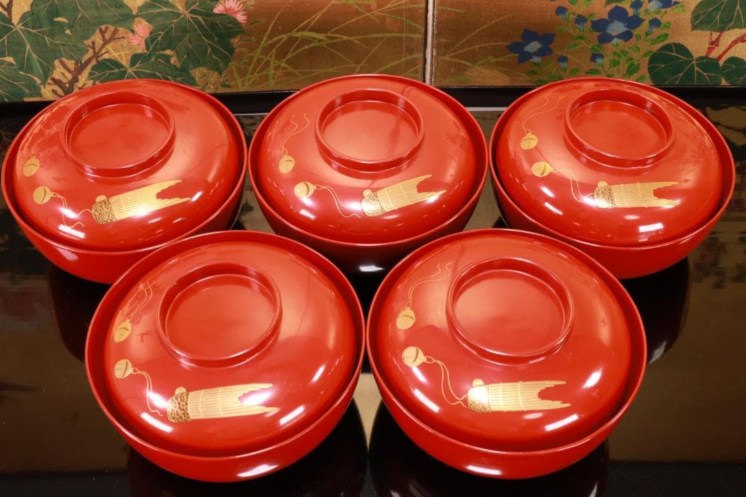 BK106　時代輪島塗　雅楽楽器図金蒔絵　吸物椀　五客　木製　懐石 会席 菓子