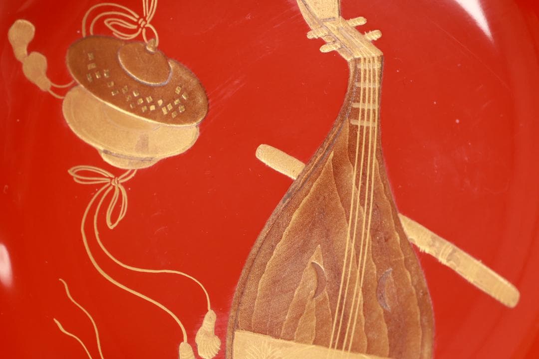 BK106　時代輪島塗　雅楽楽器図金蒔絵　吸物椀　五客　木製　懐石 会席 菓子