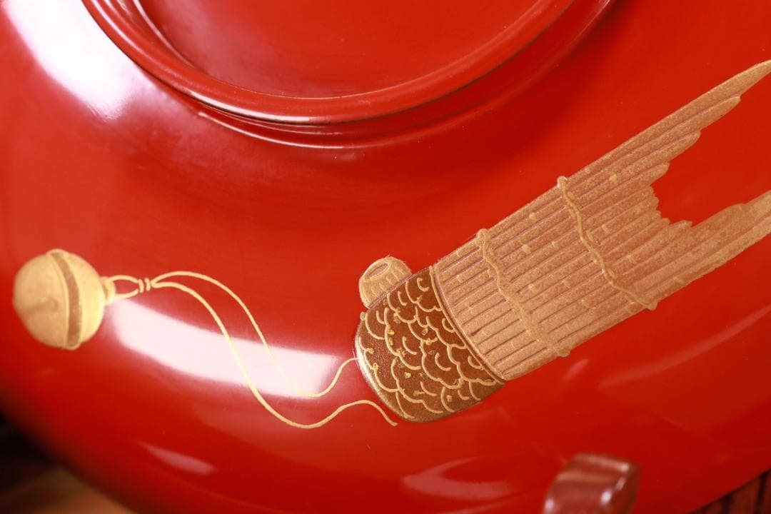 BK106　時代輪島塗　雅楽楽器図金蒔絵　吸物椀　五客　木製　懐石 会席 菓子