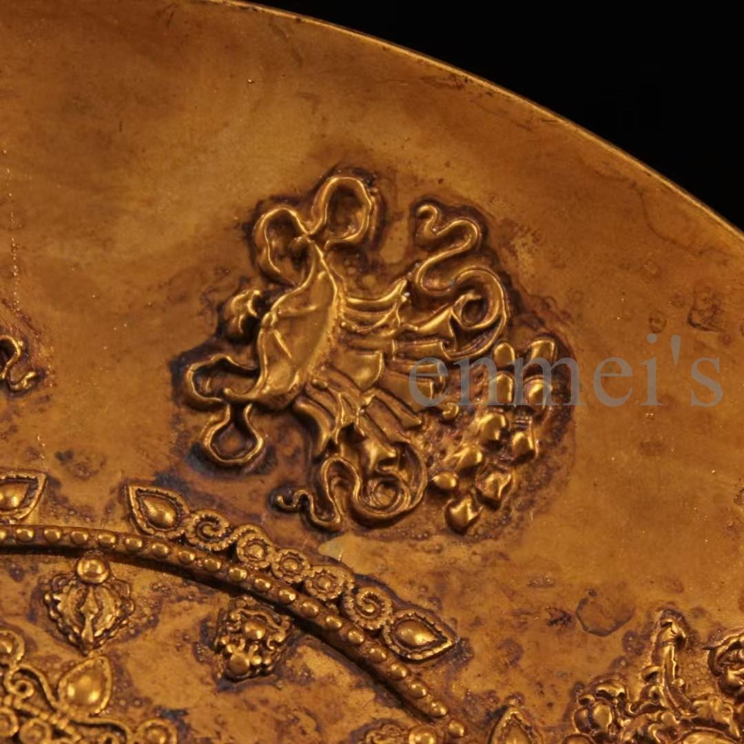 中国古美術・純銅製・鎏金八吉祥仏盤・高浮彫錾刻・仏具・宗教用品・茶道具・風水開運