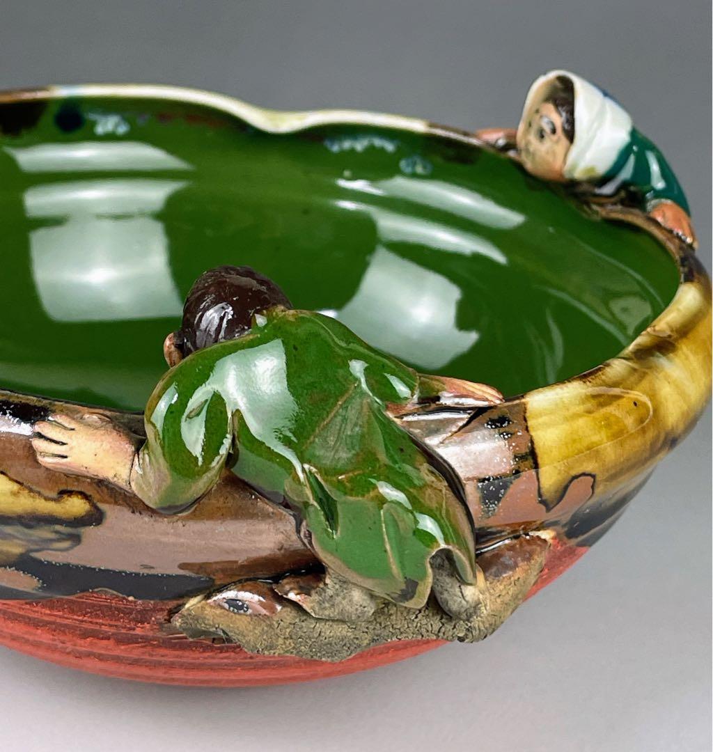 隅田焼 井上良斎 高浮彫人物立体造形焼物 明治期 ボウル トレイ 深皿 鉢