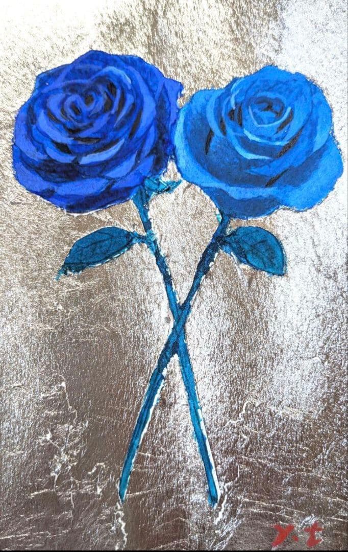最高級プラチナ箔で青薔薇　超美品！値下げ交渉あり。アクリル画　絵画