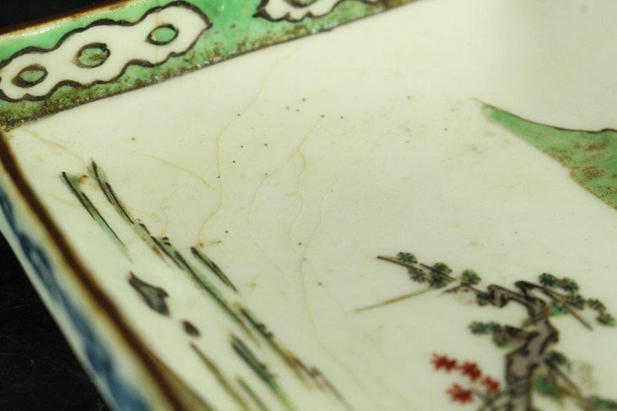 古九谷 四方 皿 六客 時代物(K-XA844)