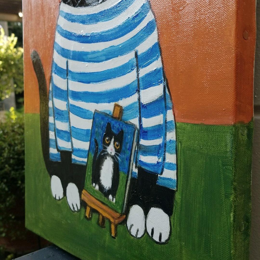油絵 　専用　バスクシャツを着て自画像を描く猫
