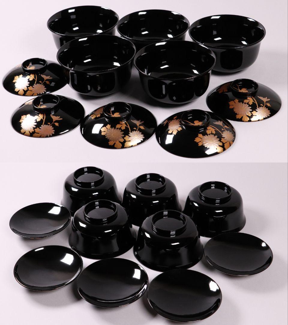 木製漆器 菊花蒔絵 黒塗 椀 五客 漆芸 茶懐石 会席道具 草花【MA286】