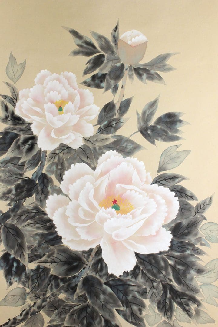 No5207 掛軸　稲垣伯堂　牡丹図　着色絹本　日本画　古画　古美術　送料無料