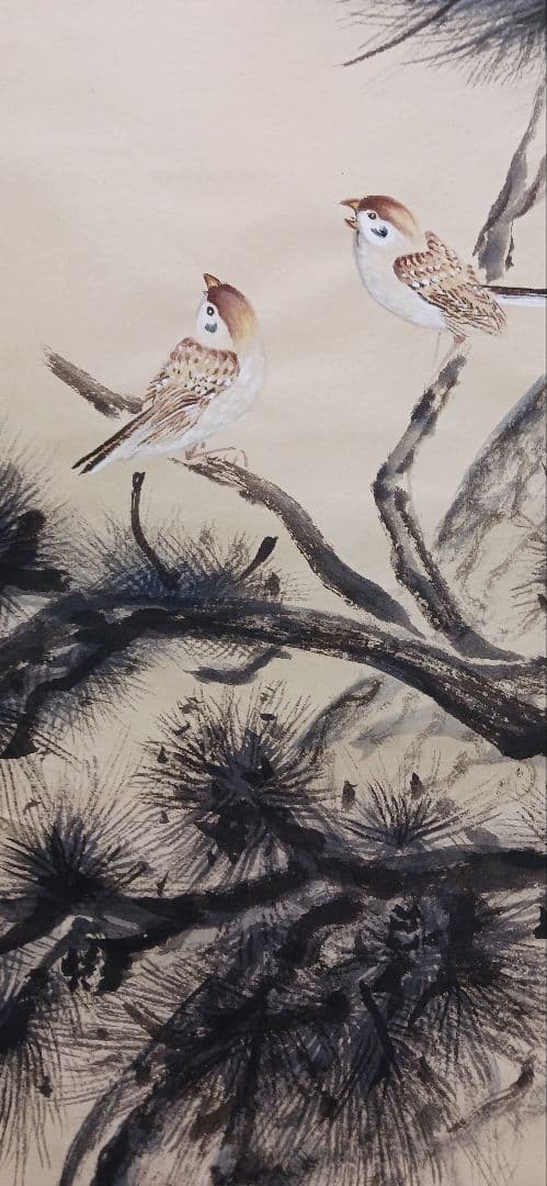 松上連雀、 日本画 、美濃和紙に須賀玄道師の、真作、大幅、送料無料