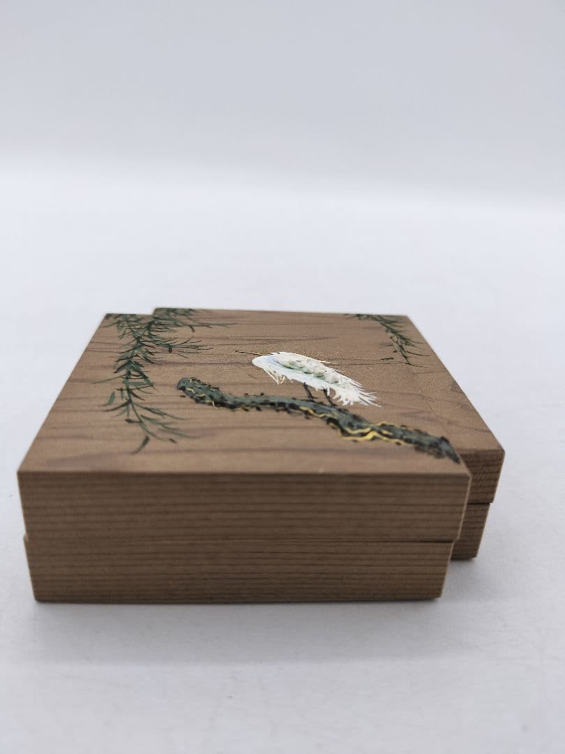c639 香合 神代杉 鷺に柳 色紙重 中谷秀斉 木箱 茶道具 古物
