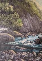 【真作】絵画　油彩8号　清流きらめく渓谷美　水音響く緑の回廊　X159