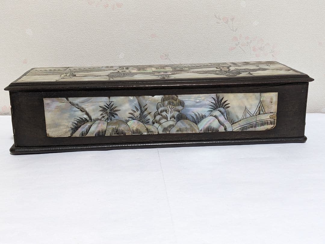 ⭐古美術品 清時代 中国 朝鮮 李朝 楼閣 橋人物図 螺鈿細工 手箱 骨董品