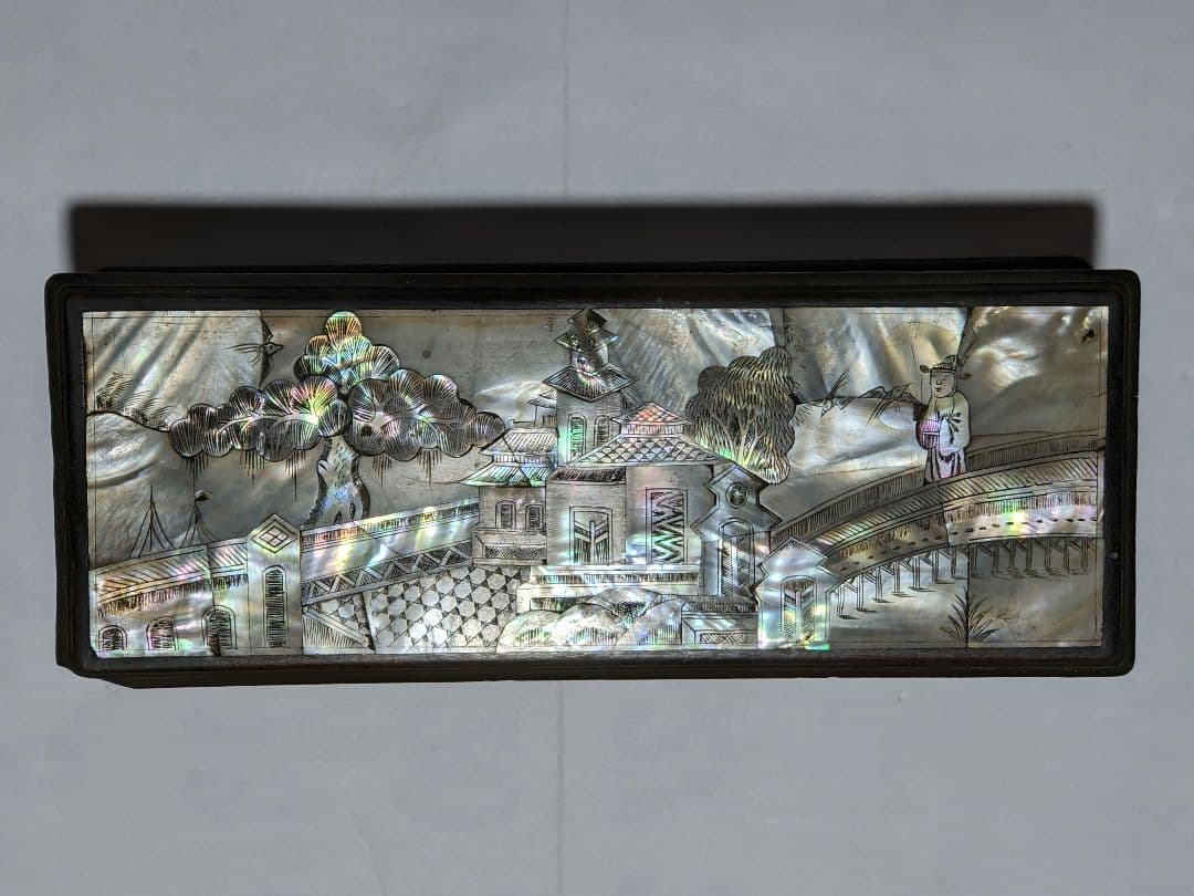 ⭐古美術品 清時代 中国 朝鮮 李朝 楼閣 橋人物図 螺鈿細工 手箱 骨董品