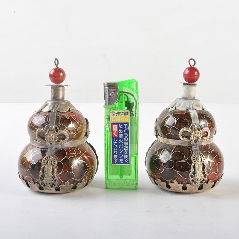 中国　紋銀　龍観音像装飾　銀象嵌　七宝鼻煙壷　一對　V　R6401