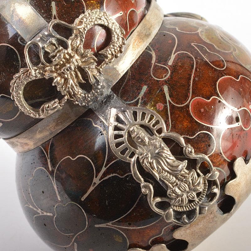 中国　紋銀　龍観音像装飾　銀象嵌　七宝鼻煙壷　一對　V　R6401