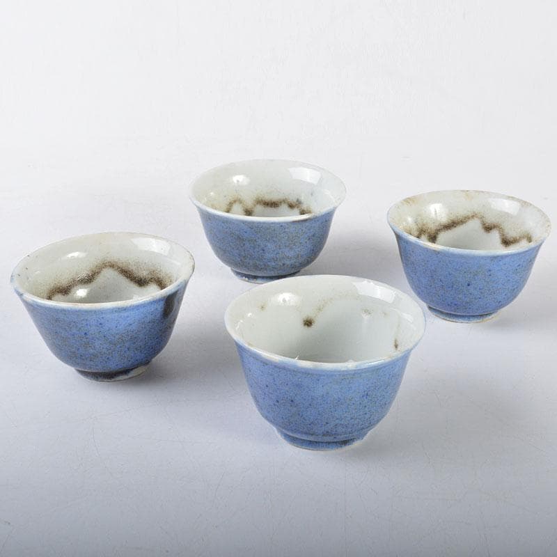 中国　藍釉吹墨　煎茶碗　四客　時代箱付　M　R4521