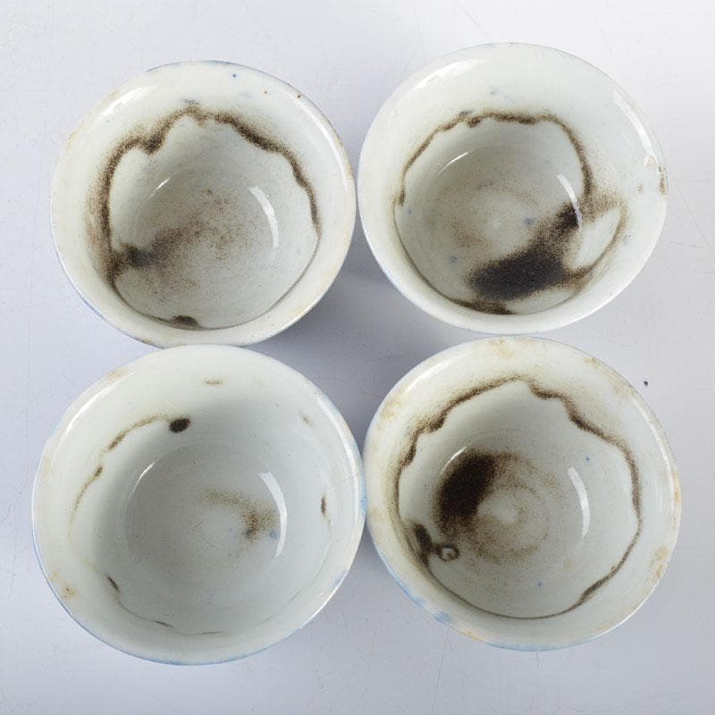 中国　藍釉吹墨　煎茶碗　四客　時代箱付　M　R4521