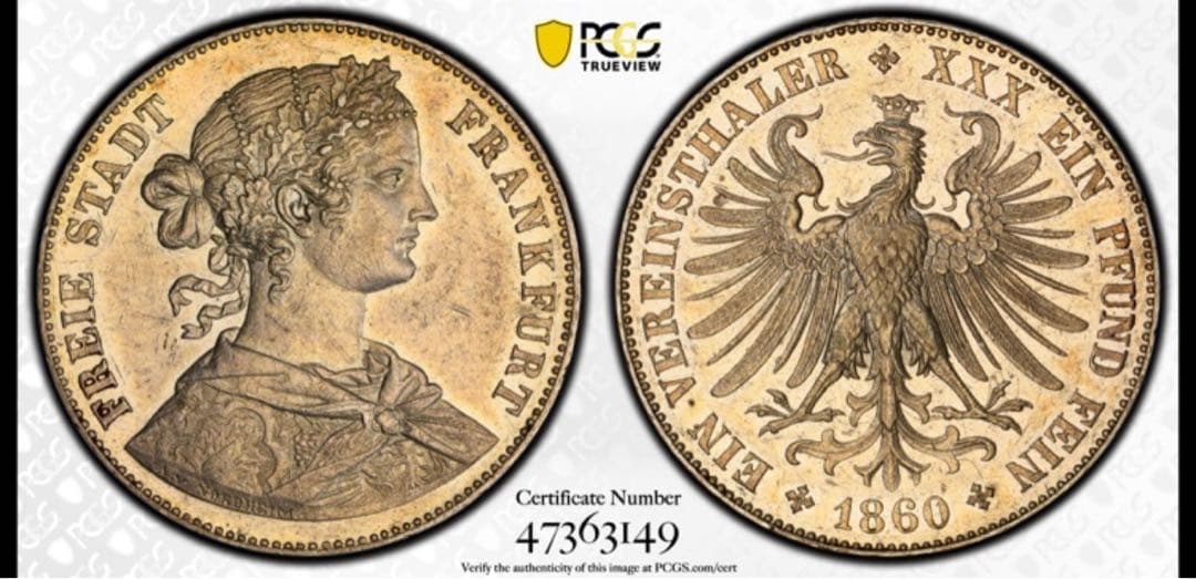 1860年 Frankfurt Thaler PCGS AU55 女神