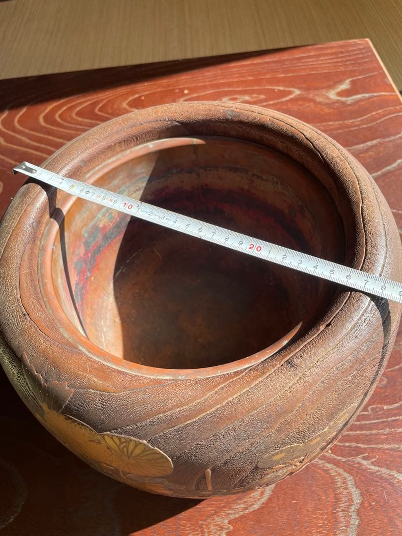 希少　木製火鉢 金箔装飾 花柄デザイン　１００年前　骨董品