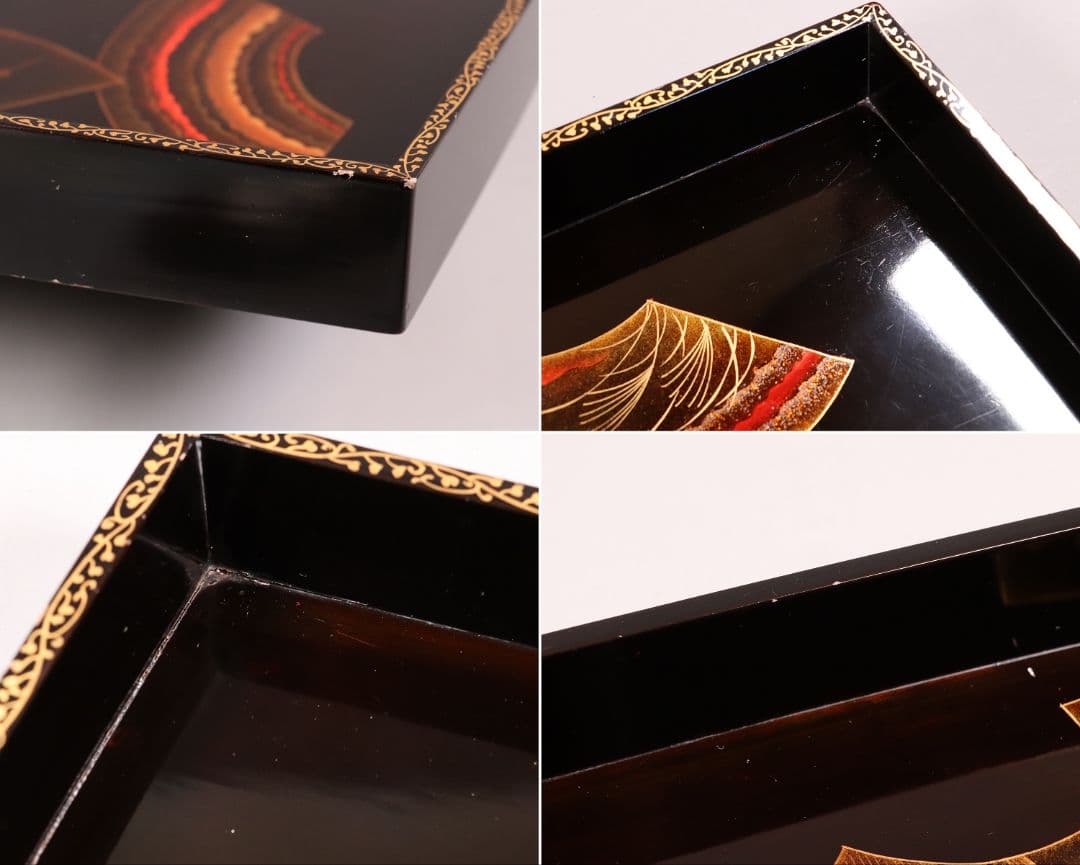 時代 広蓋 二枚組 59.1cm 扇面めでた図蒔絵 長方盆 木製【MA278】