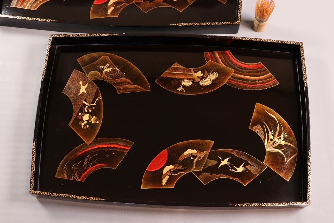 時代 広蓋 二枚組 59.1cm 扇面めでた図蒔絵 長方盆 木製【MA278】