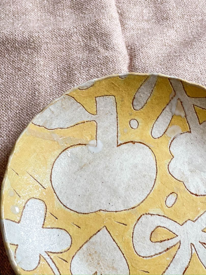 未使用【鹿児島睦】りんごと花 リボン プレート 黄 16.5cm｜限定・個展作品