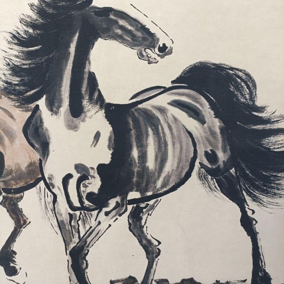 徐悲鴻 双駿図 三尺中堂　掛軸　防偽標識あり　70×173cm