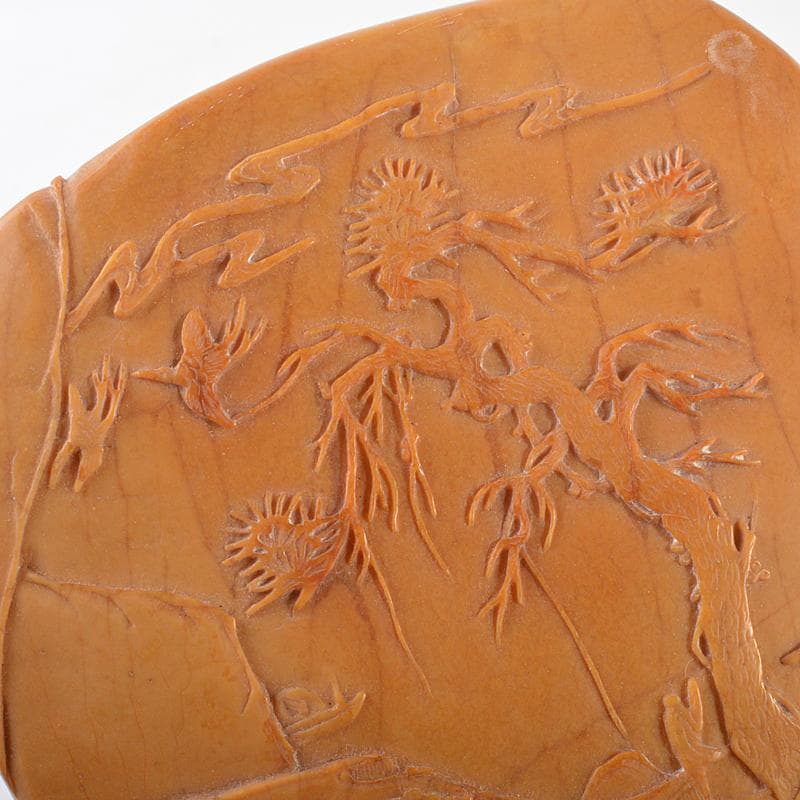 中国　玉石彫刻　山水人物刻　置物　時代箱付　M　R5736