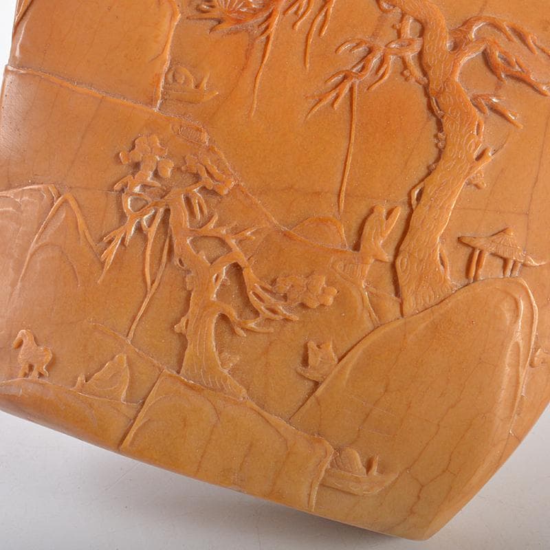 中国　玉石彫刻　山水人物刻　置物　時代箱付　M　R5736