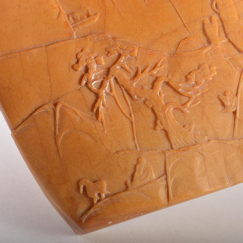 中国　玉石彫刻　山水人物刻　置物　時代箱付　M　R5736