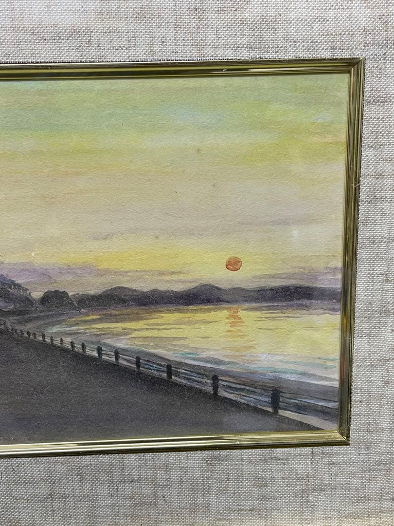 湘南の風景画江ノ電・水彩画・作家本額装品・真贋・絵画・夕焼け・朝日