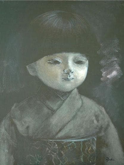 油絵 菅家令子 絵 絵画インテリア額付(青緑＋金色枠)F6-080118市松人形