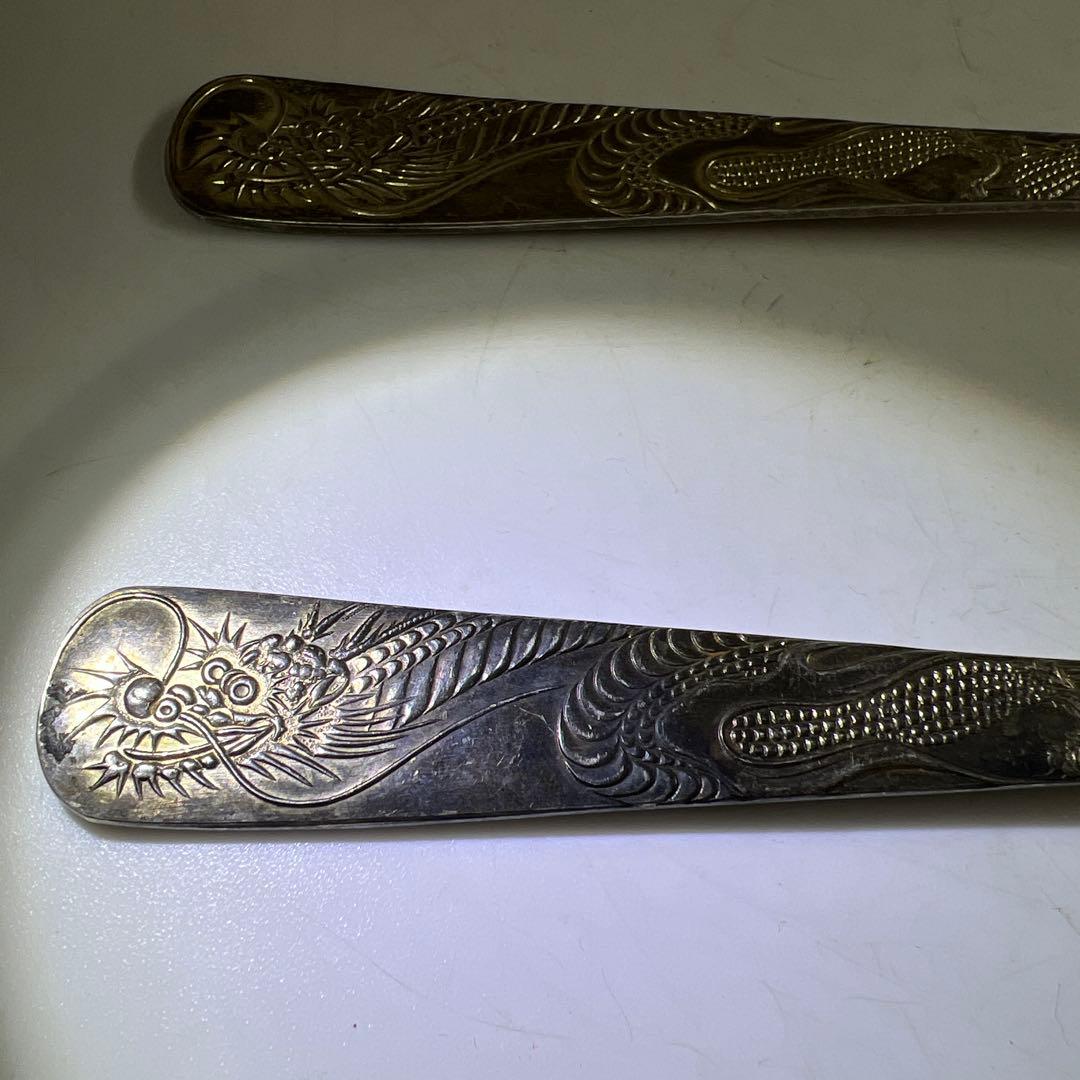 中国古玩　シャム銀　大さじ3点　317g/24.5㎝　東Y7-0630②