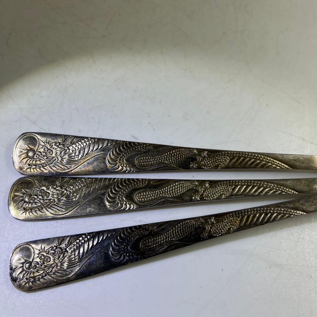 中国古玩　シャム銀　大さじ3点　317g/24.5㎝　東Y7-0630②