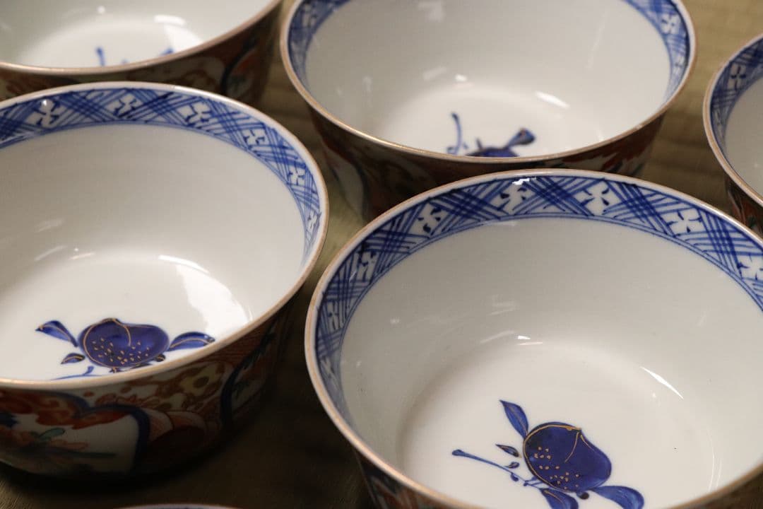 明治期 伊万里焼 冨貴長春 色絵蓋茶碗 五客 牡丹 草花 時代【CM54】