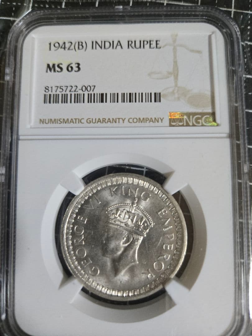 1942年 インド ルピー MS 63 ジョージ6世 イギリス 銀貨 NGC
