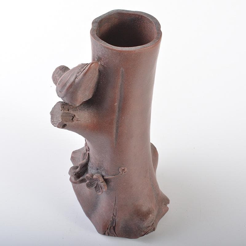 中国　紫砂　朱泥　梅に鳥彫　花瓶　在銘　V　R6460