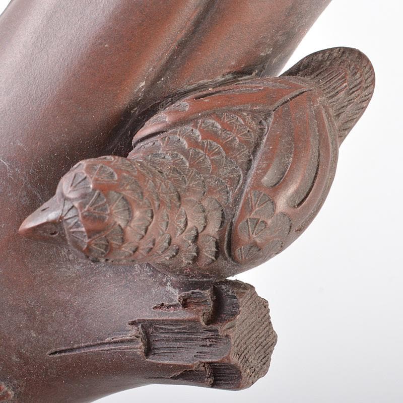 中国　紫砂　朱泥　梅に鳥彫　花瓶　在銘　V　R6460