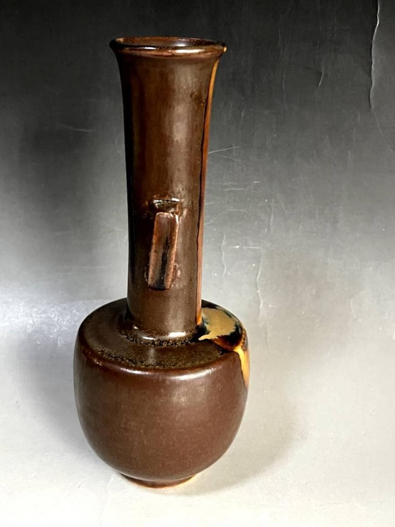 花瓶■百華釉 膳所焼 淡海せこ 陽炎園 古い花器 花入れ 耳付き 陶印 鶴首■