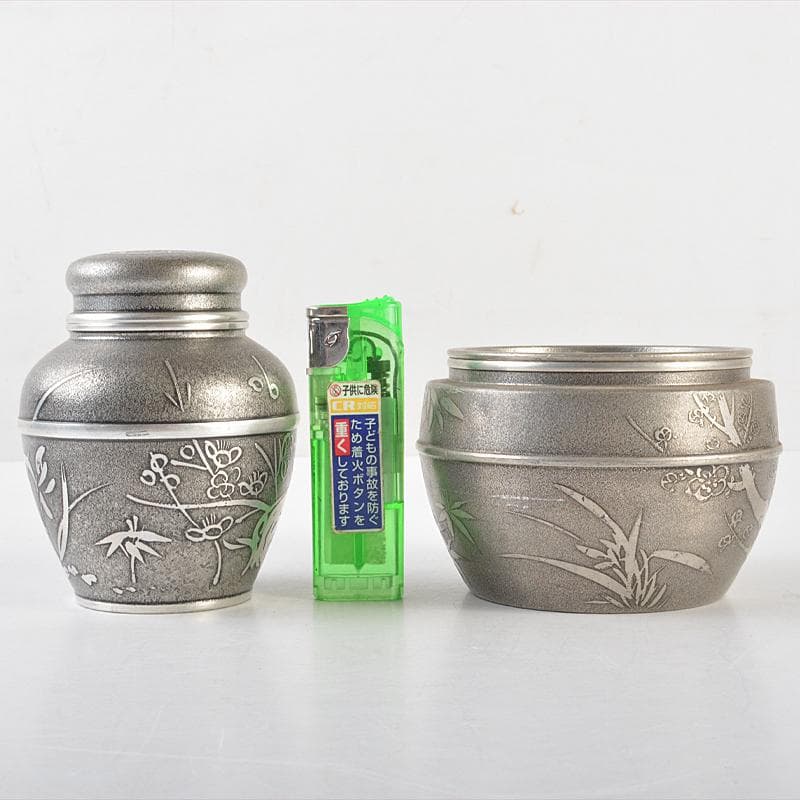 古錫　四君子文　間村自造　茶こぼし　乾茂號造　茶壷　2点まとめて　U　R5852