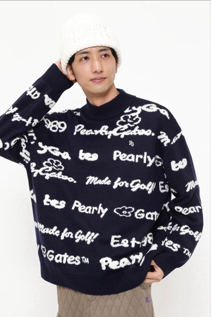 PEARLY GATES 天竺×ロゴインターシャ モックネックニットプルオーバー