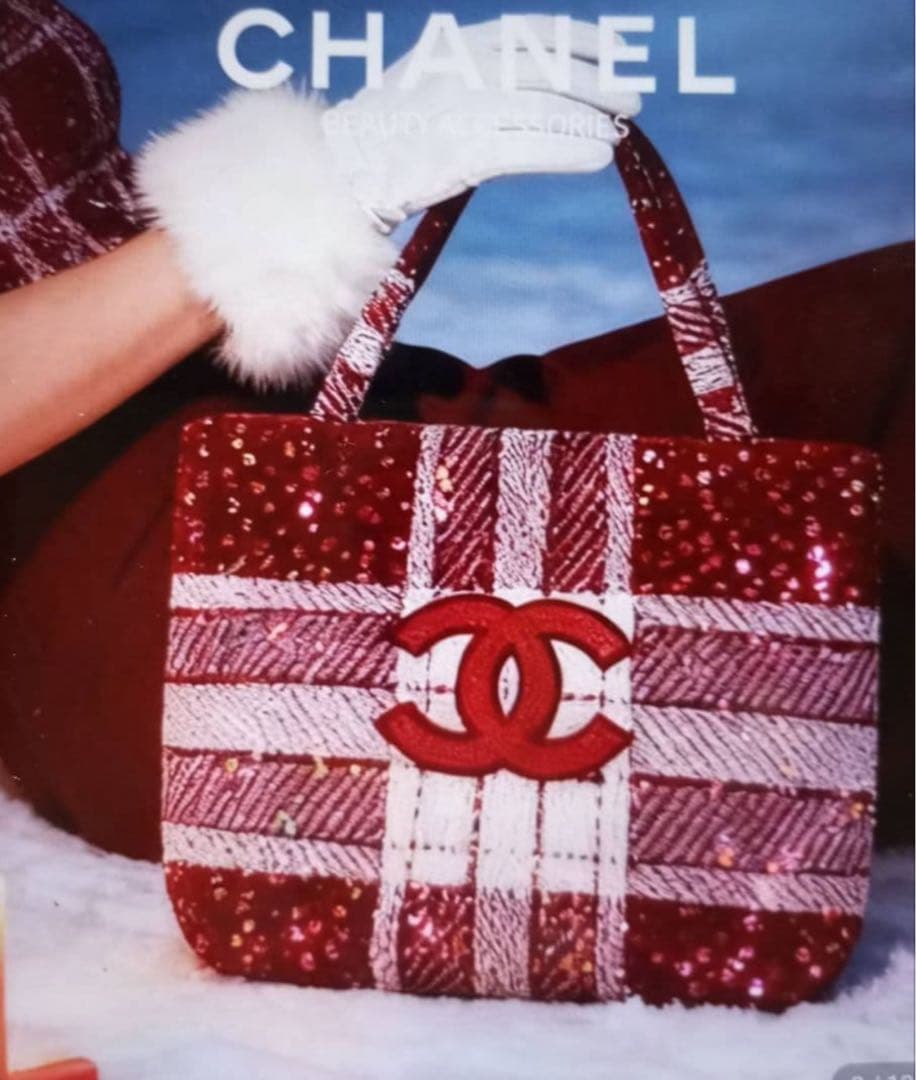 CHANELシャネル☆ノベルティ新品未使用ツイードトートバッグ赤白スパンコール