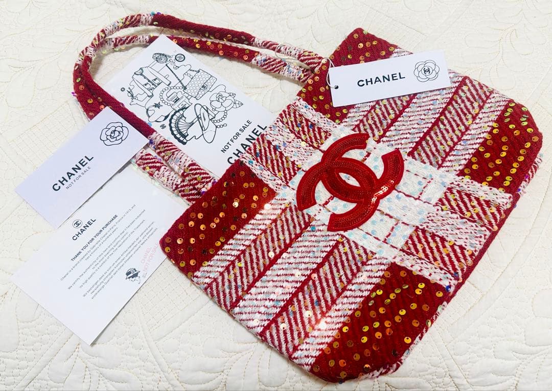 CHANELシャネル☆ノベルティ新品未使用ツイードトートバッグ赤白スパンコール