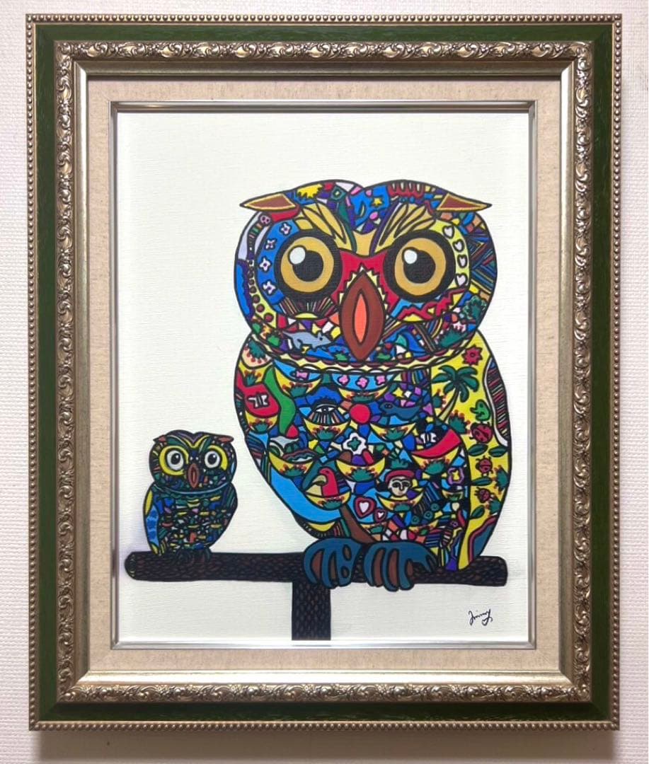 SALE【F6号】ジミー大西（フクロウ）手描き/表裏サイン有り/油彩/アクリル