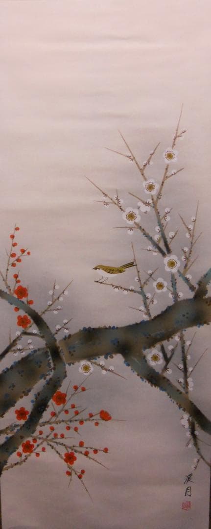 掛け軸 渓月 梅に鶯 絹本 希少 軸装 茶道具 掛軸 美品 です。