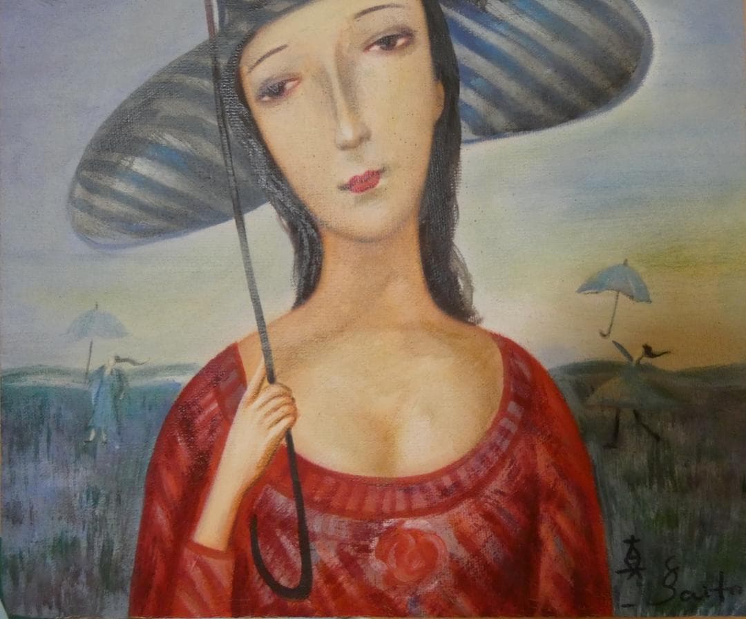 油絵　額付き　斎藤真一　 F6 【　日傘　】手描き