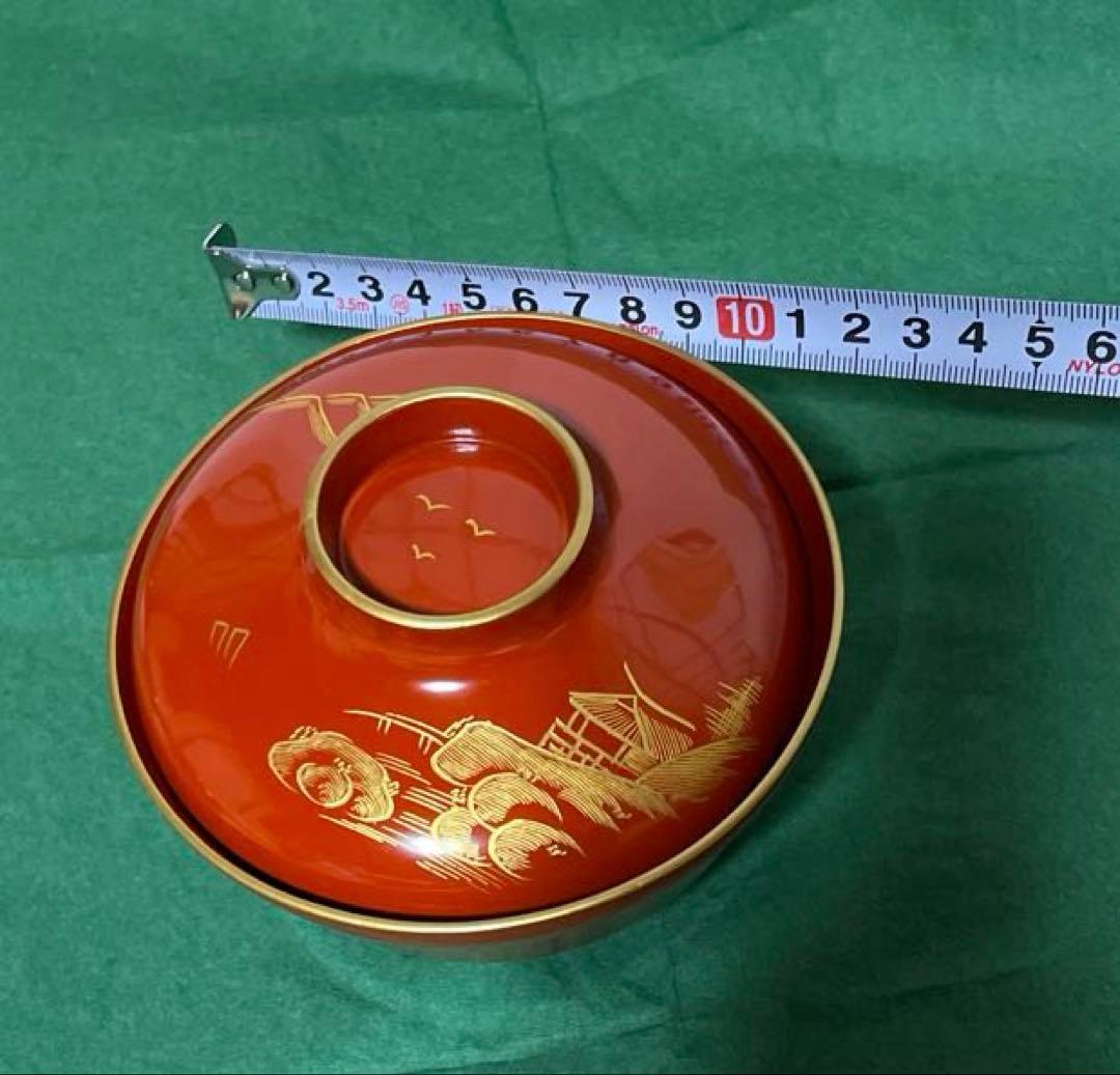 赤い漆器金彩蓋付き椀 5個セット紙箱付き