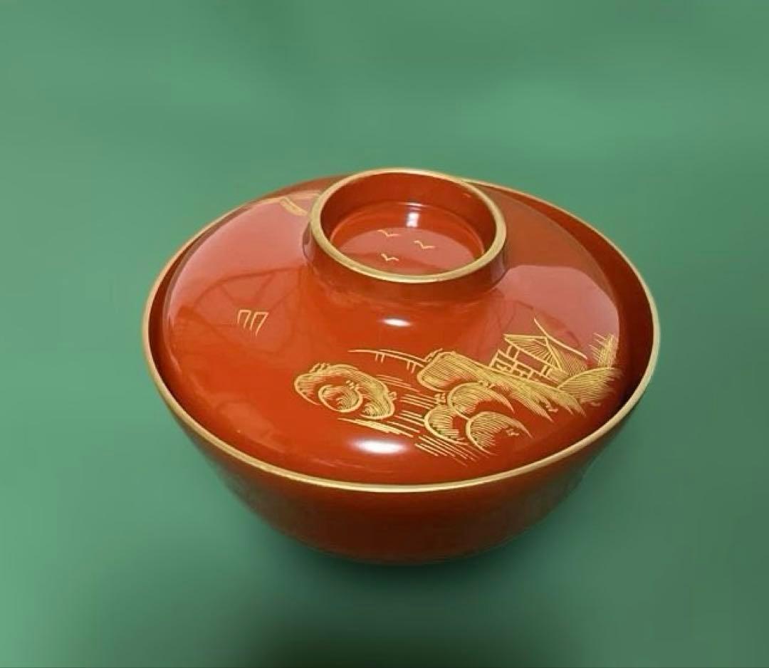 赤い漆器金彩蓋付き椀 5個セット紙箱付き