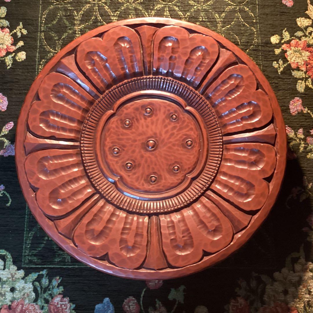 希少 鎌倉彫 博古堂　蓮花瓦紋様大皿　洗朱