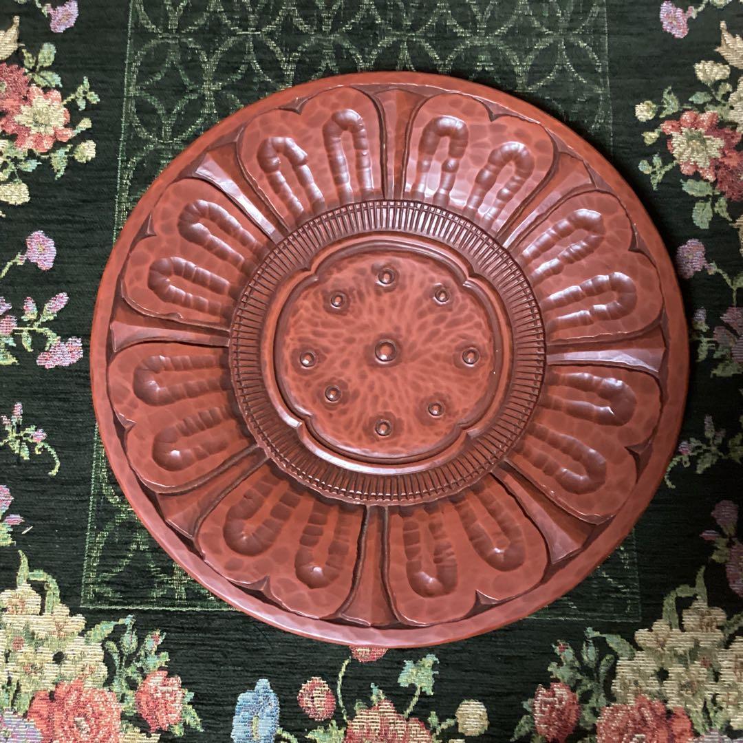 希少 鎌倉彫 博古堂　蓮花瓦紋様大皿　洗朱